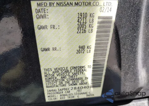 2014 Nissan Altima 2.5 Sv из США, поврежденный, VIN 1N4AL3AP9EC284040